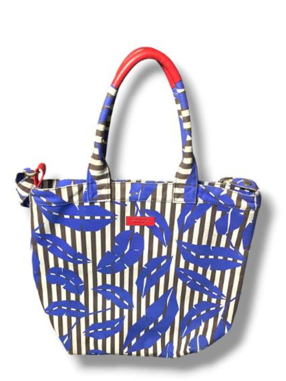 henri bendel Blue Leaf Print Striped Tote with Red Accent